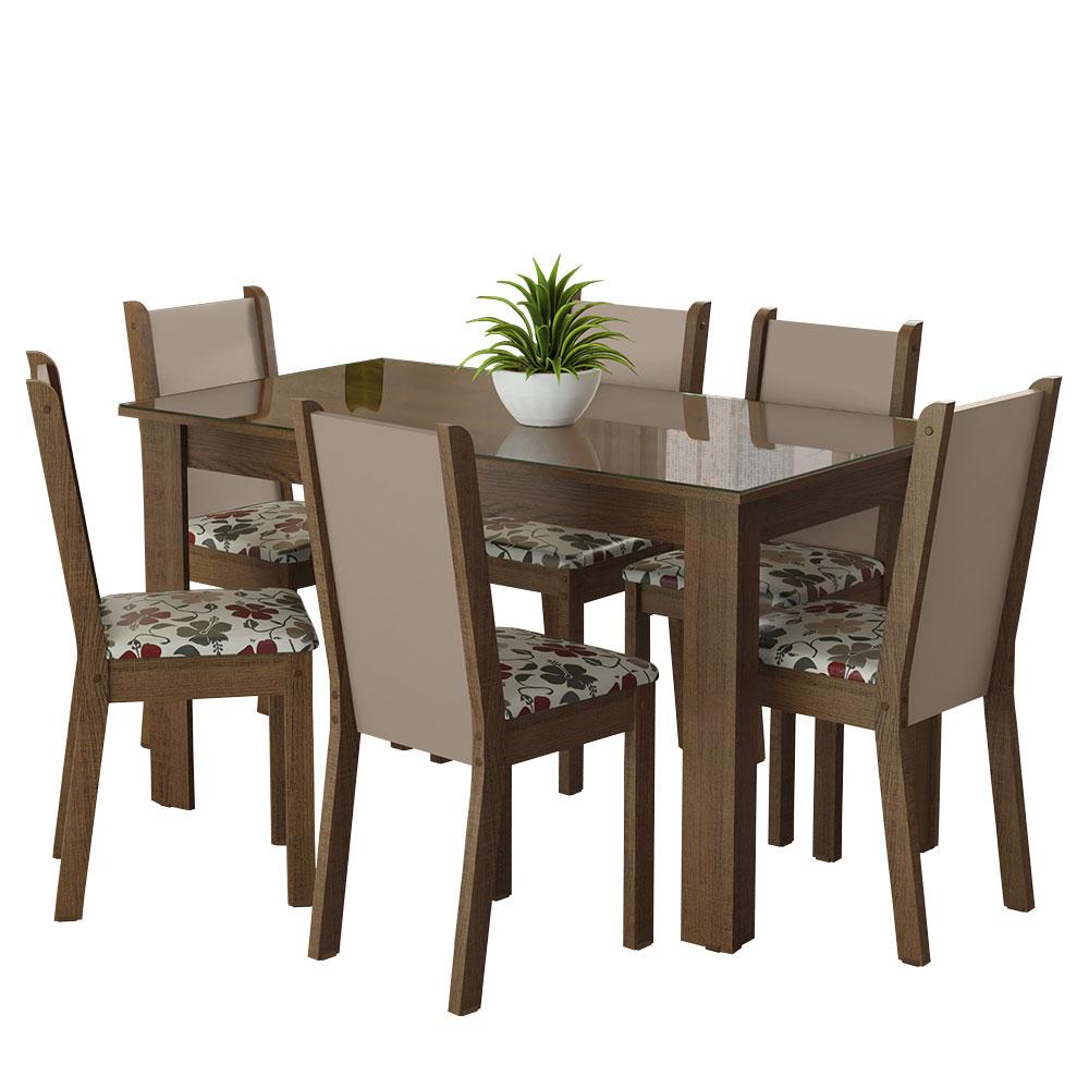 Conjunto Sala de Jantar Mesa Tampo de Vidro 6 Cadeiras Rustic/Crema/Hibiscos Heloísa Madesa