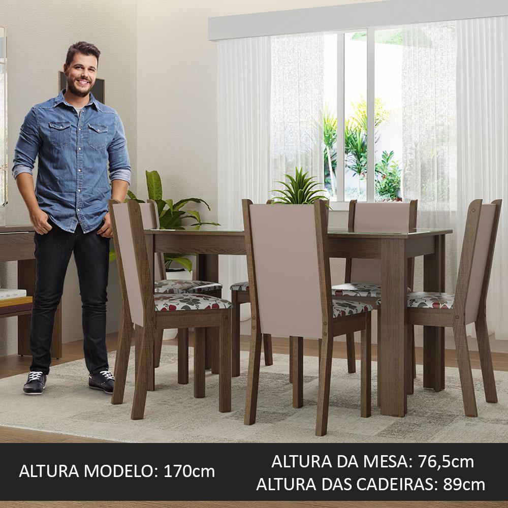 Conjunto Sala de Jantar Mesa Tampo de Vidro 6 Cadeiras Rustic/Crema/Hibiscos Heloísa Madesa