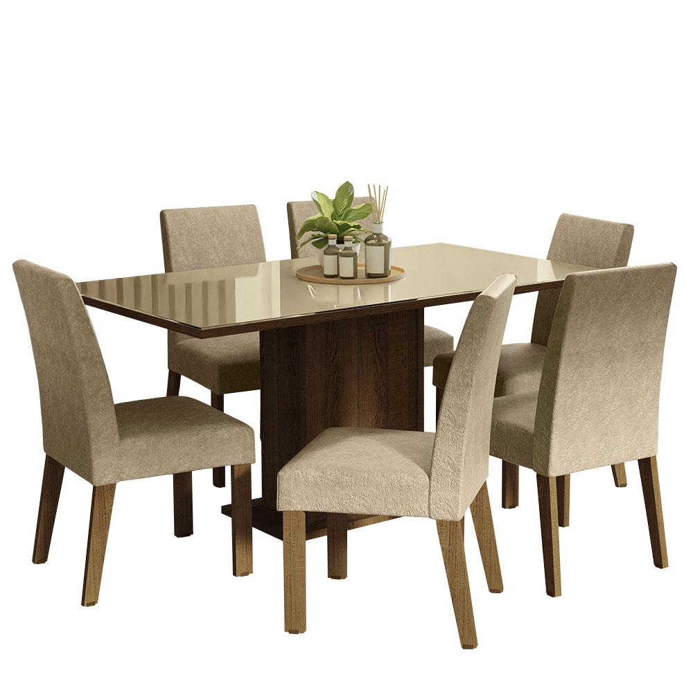 Conjunto Sala de Jantar Mesa Tampo de Vidro 6 Cadeiras Rustic/Crema/Imperial Alexis Madesa