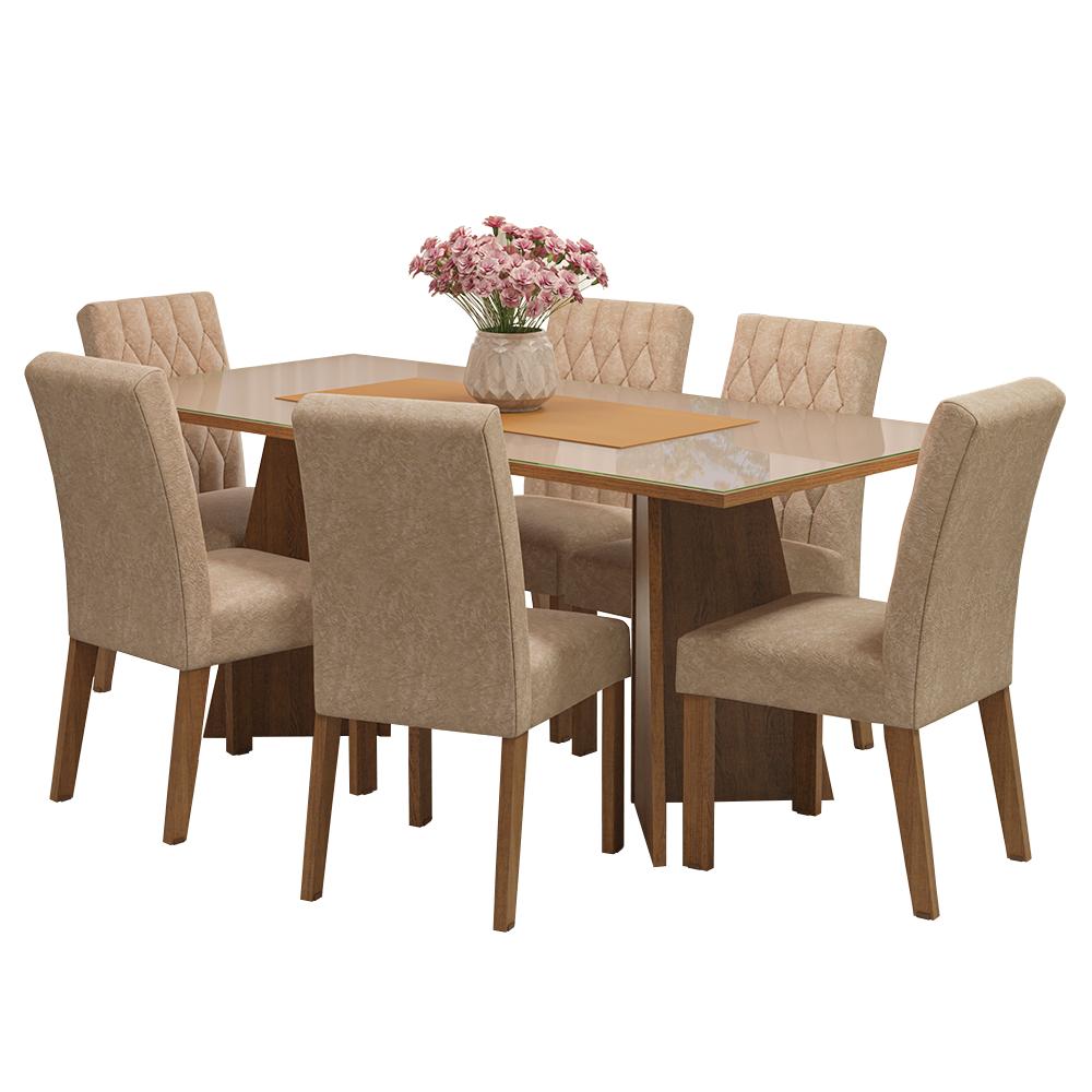Conjunto Sala de Jantar Mesa Tampo de Vidro 6 Cadeiras Rustic/Crema/Imperial Marissa Madesa
