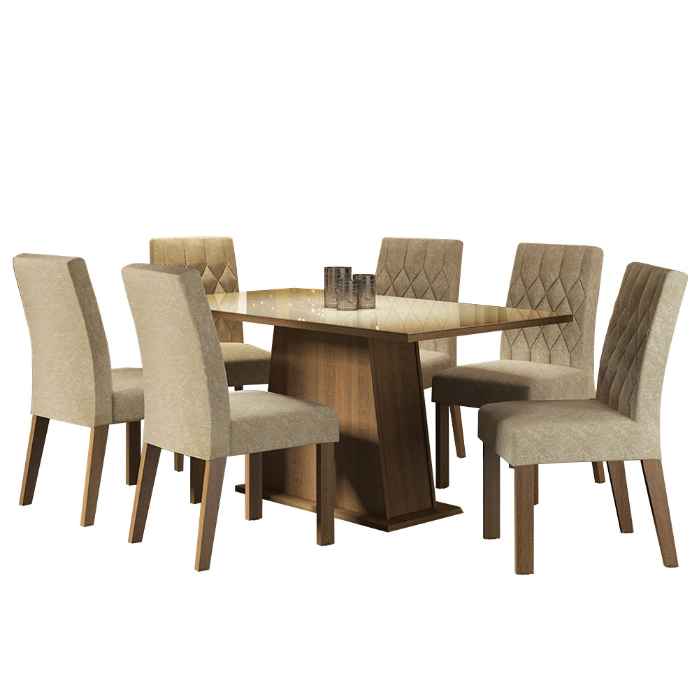Conjunto Sala de Jantar Mesa Tampo de Vidro 6 Cadeiras Rustic/Crema/Imperial Stéfani Madesa