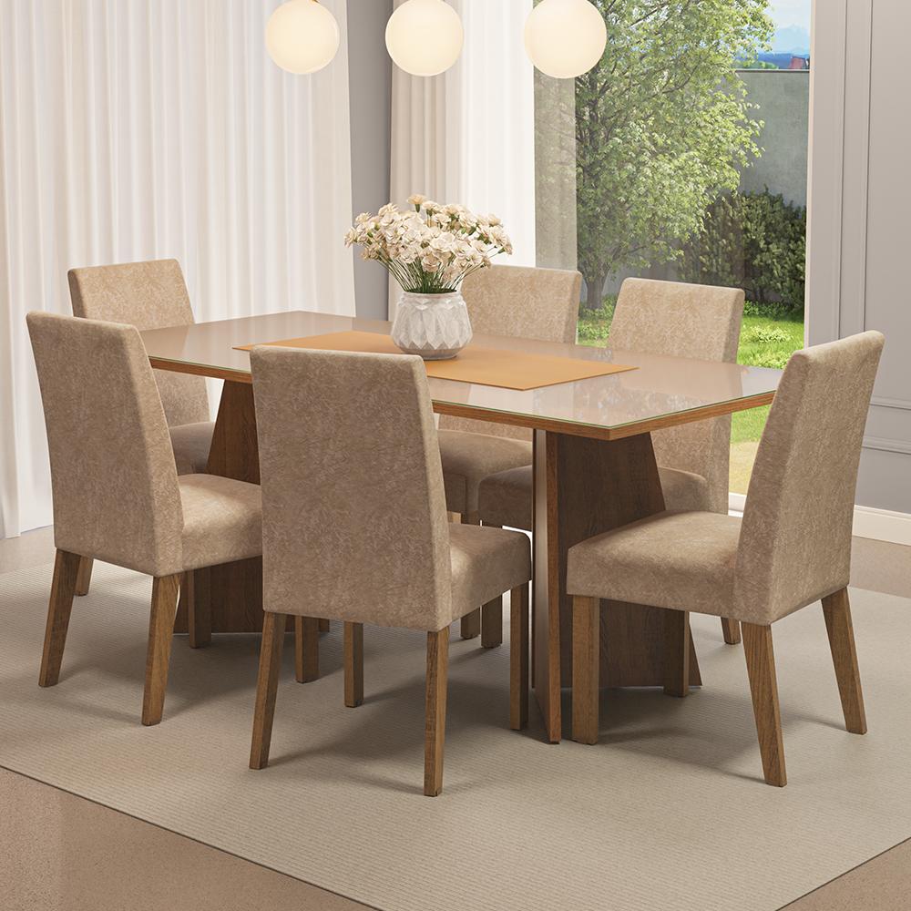 Conjunto Sala de Jantar Mesa Tampo de Vidro 6 Cadeiras Rustic/Crema/Imperial Valerie Madesa