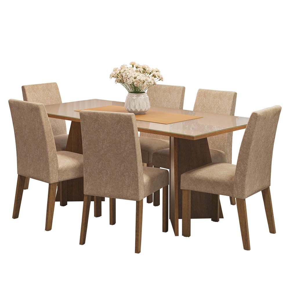 Conjunto Sala de Jantar Mesa Tampo de Vidro 6 Cadeiras Rustic/Crema/Imperial Valerie Madesa