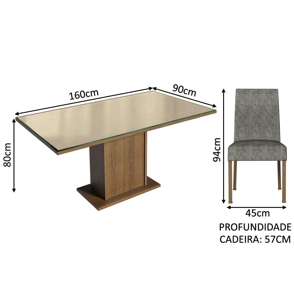 Conjunto Sala de Jantar Mesa Tampo de Vidro 6 Cadeiras Rustic/Crema/Silver Alexis Madesa