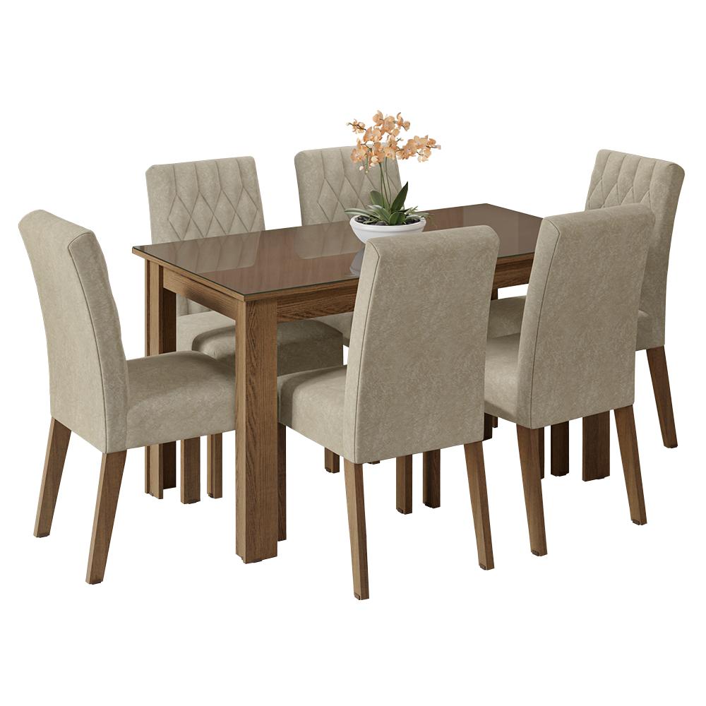 Conjunto Sala de Jantar Mesa Tampo de Vidro 6 Cadeiras Rustic/Imperial Odara Madesa