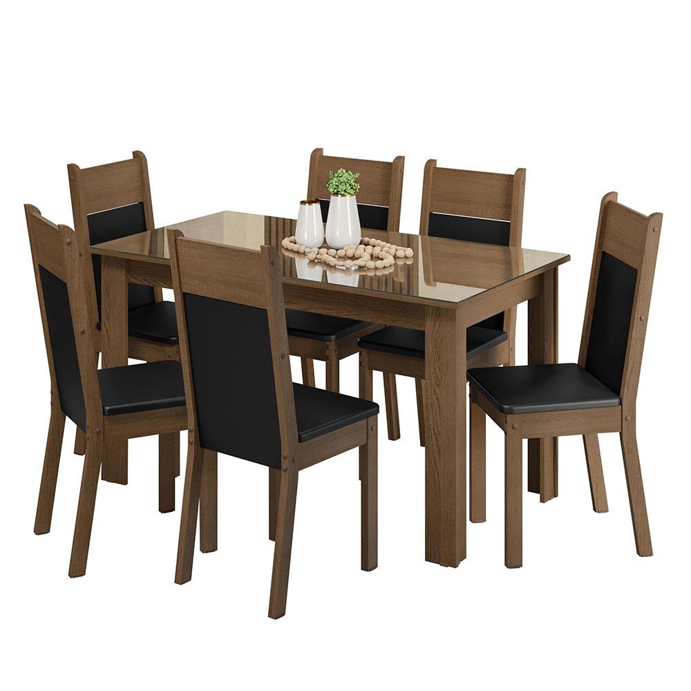 Conjunto Sala de Jantar Mesa Tampo de Vidro 6 Cadeiras Rustic/Preto Dora Madesa