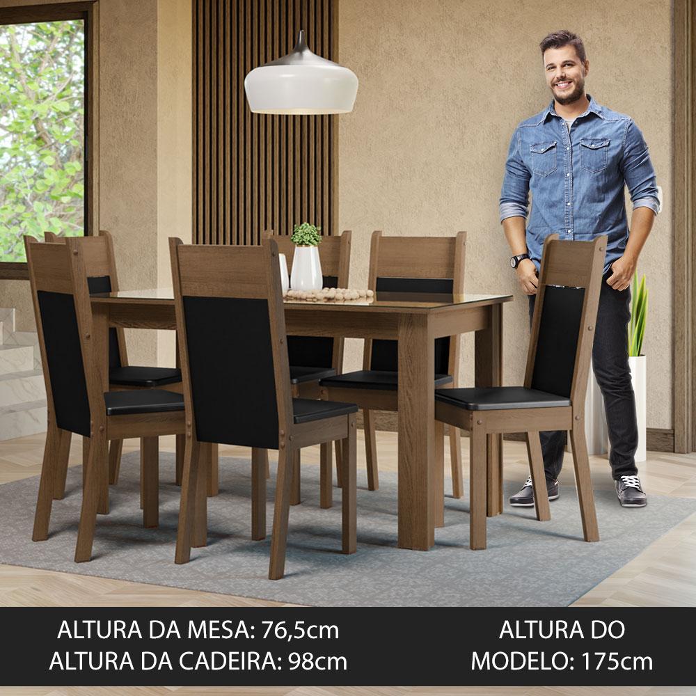 Conjunto Sala de Jantar Mesa Tampo de Vidro 6 Cadeiras Rustic/Preto Dora Madesa