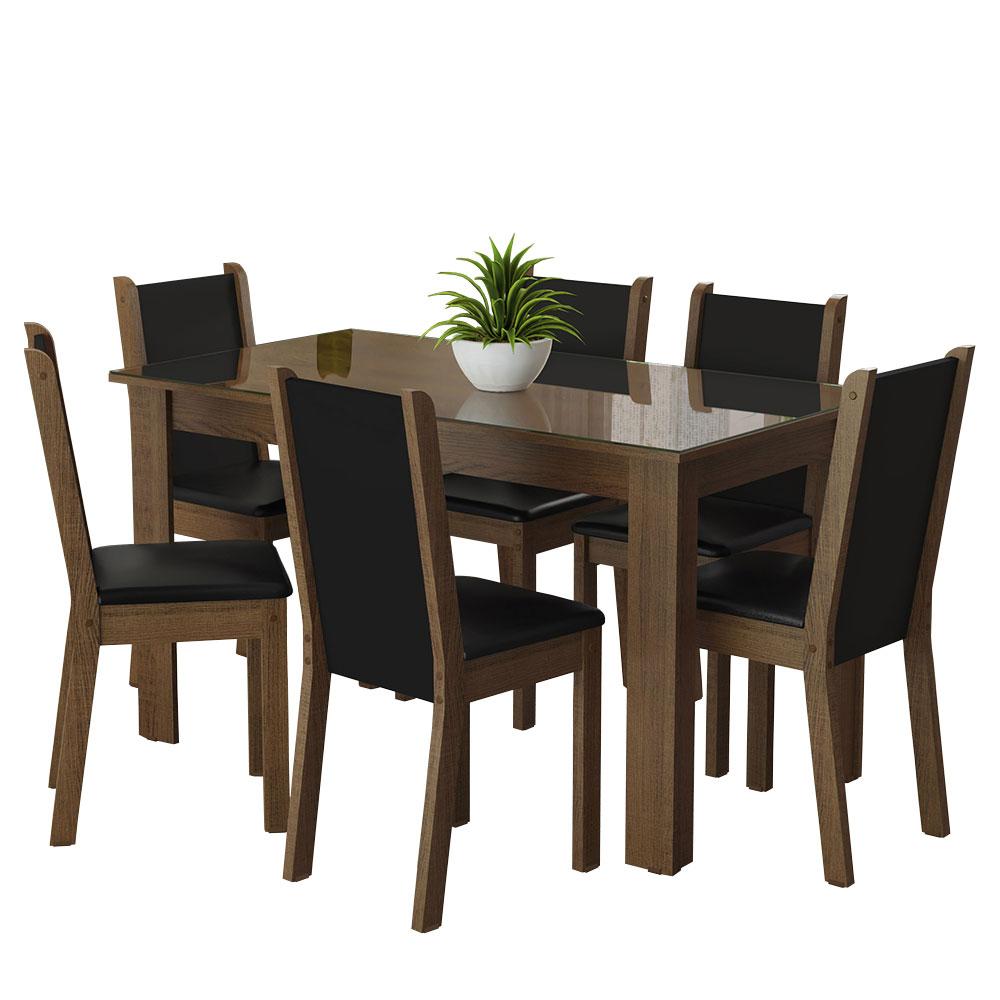 Conjunto Sala de Jantar Mesa Tampo de Vidro 6 Cadeiras Rustic/Preto Heloísa Madesa