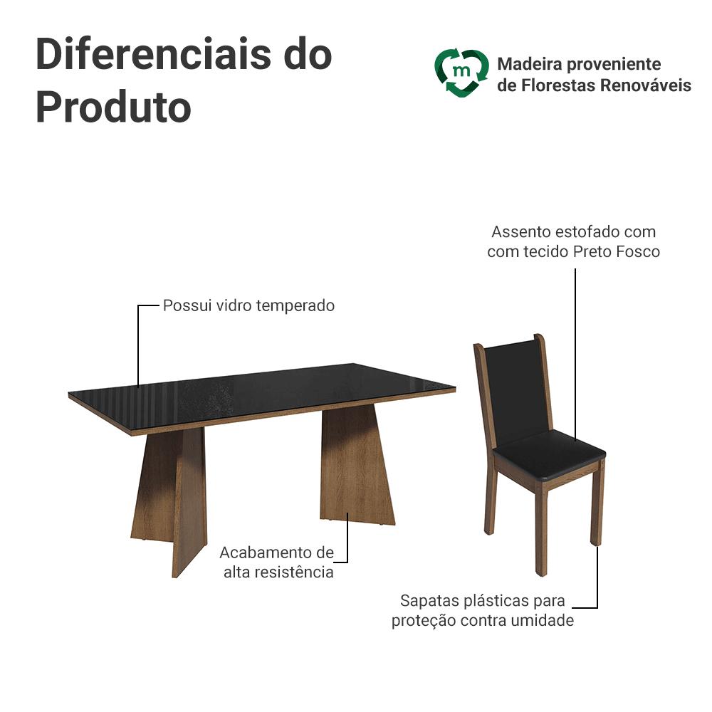 Conjunto Sala de Jantar Mesa Tampo de Vidro 6 Cadeiras Rustic/Preto Viola Madesa