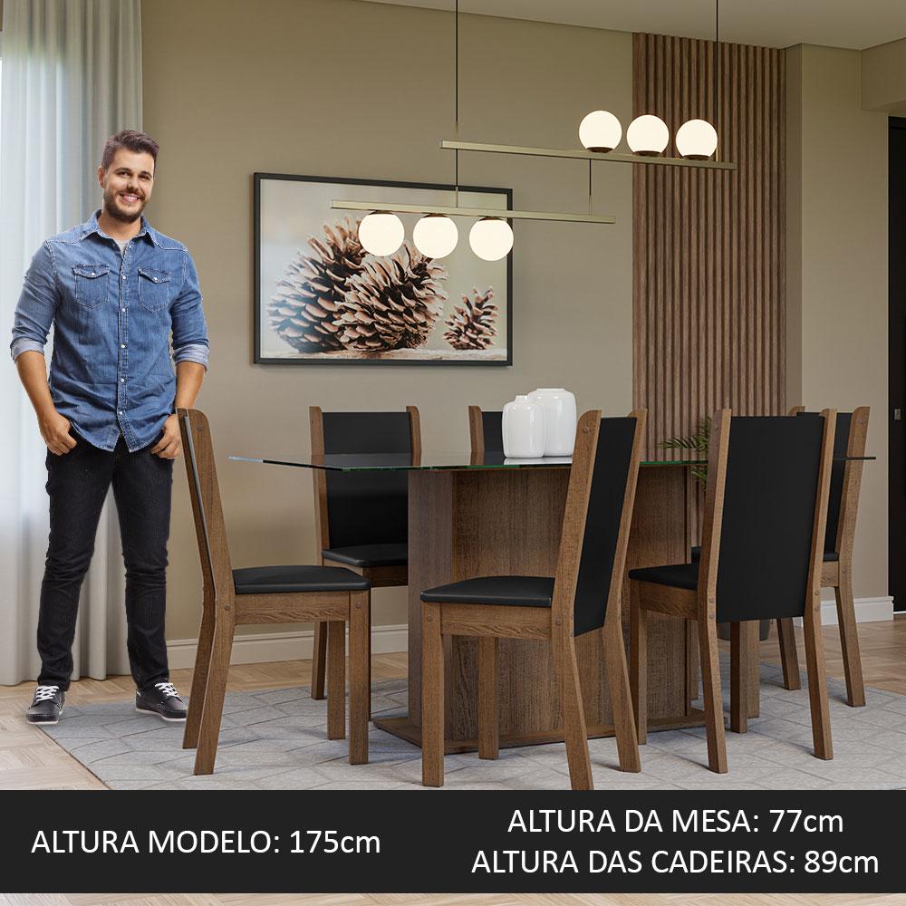 Conjunto Sala de Jantar Mesa Tampo de Vidro 6 Cadeiras Rustic/Preto Yolanda Madesa