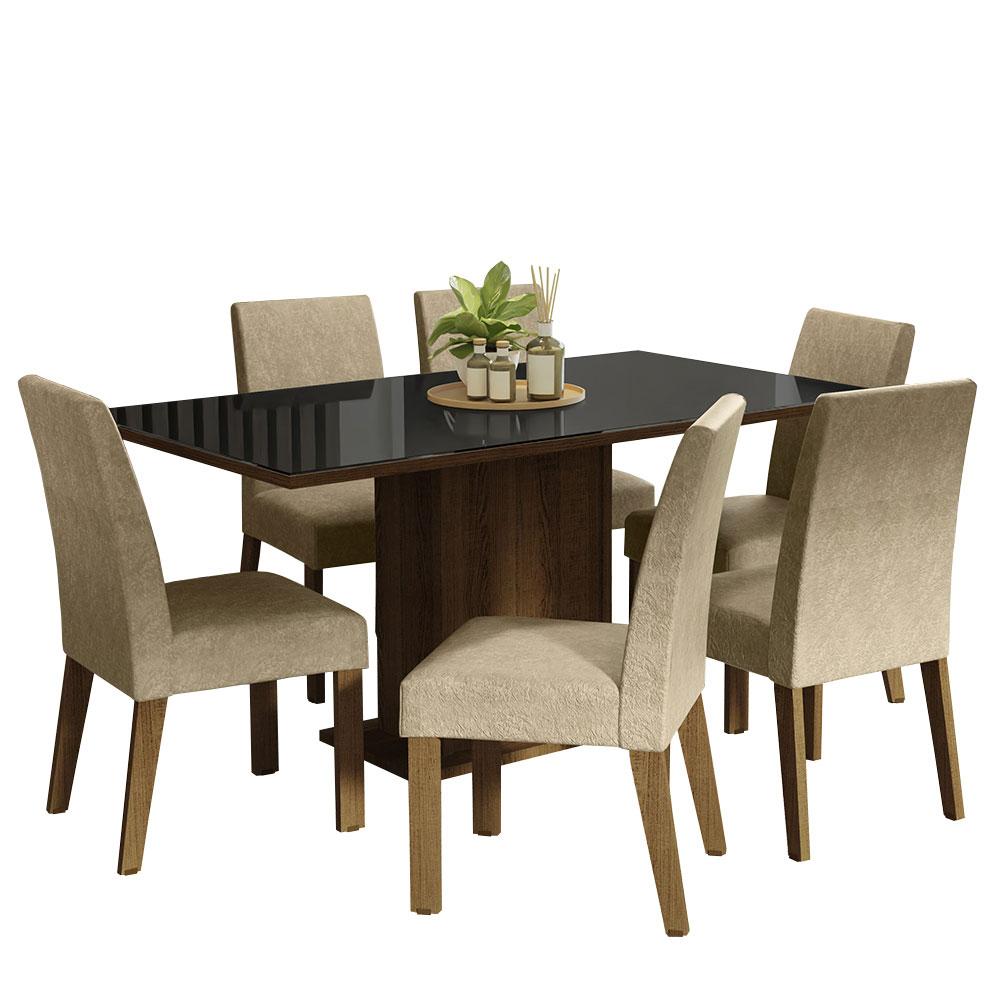 Conjunto Sala de Jantar Mesa Tampo de Vidro 6 Cadeiras Rustic/Preto/Imperial Alexis Madesa