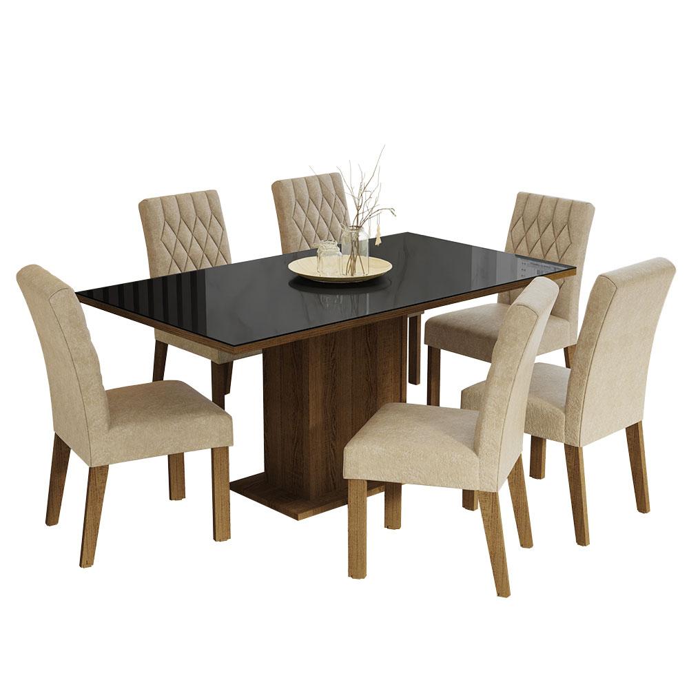 Conjunto Sala de Jantar Mesa Tampo de Vidro 6 Cadeiras Rustic/Preto/Imperial Geórgia Madesa