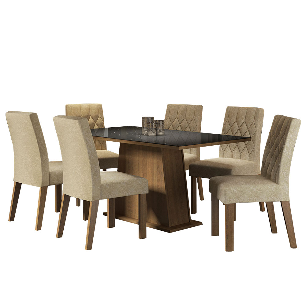 Conjunto Sala de Jantar Mesa Tampo de Vidro 6 Cadeiras Rustic/Preto/Imperial Stéfani Madesa