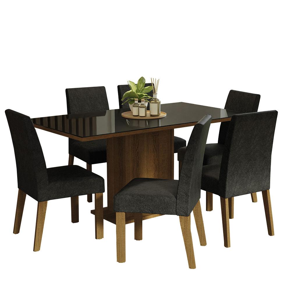 Conjunto Sala de Jantar Mesa Tampo de Vidro 6 Cadeiras Rustic/Preto/Oxford Alexis Madesa