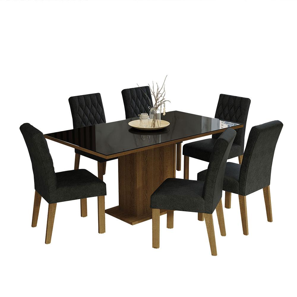 Conjunto Sala de Jantar Mesa Tampo de Vidro 6 Cadeiras Rustic/Preto/Oxford Geórgia Madesa