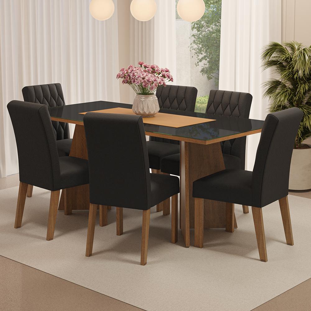 Conjunto Sala de Jantar Mesa Tampo de Vidro 6 Cadeiras Rustic/Preto/Oxford Marissa Madesa
