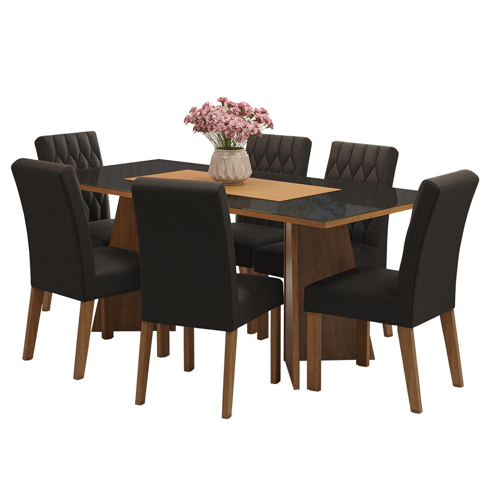 Conjunto Sala de Jantar Mesa Tampo de Vidro 6 Cadeiras Rustic/Preto/Oxford Marissa Madesa