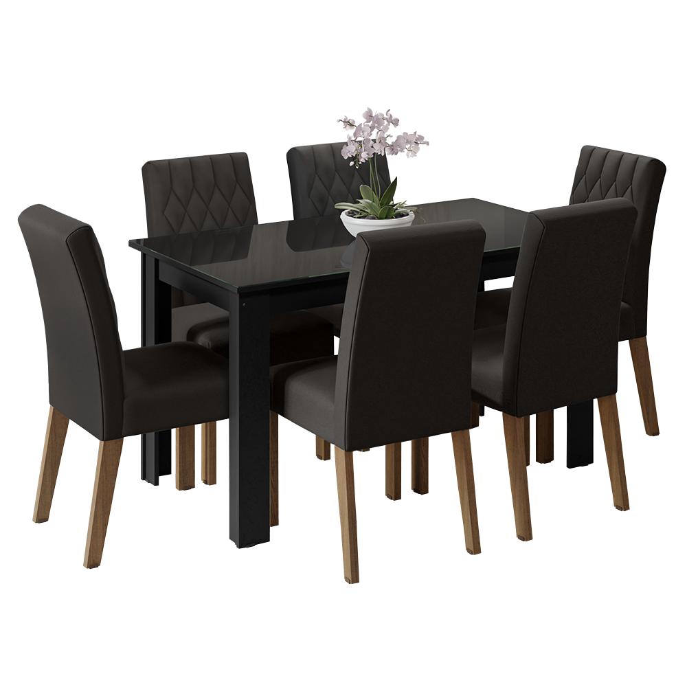 Conjunto Sala de Jantar Mesa Tampo de Vidro 6 Cadeiras Rustic/Preto/Oxford Odara Madesa