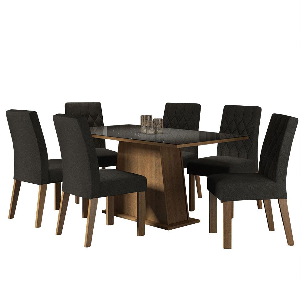 Conjunto Sala de Jantar Mesa Tampo de Vidro 6 Cadeiras Rustic/Preto/Oxford Stéfani Madesa