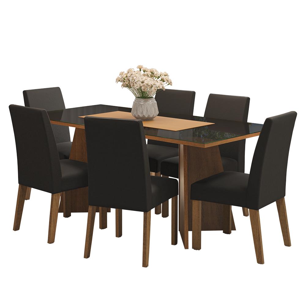 Conjunto Sala de Jantar Mesa Tampo de Vidro 6 Cadeiras Rustic/Preto/Oxford Valerie Madesa
