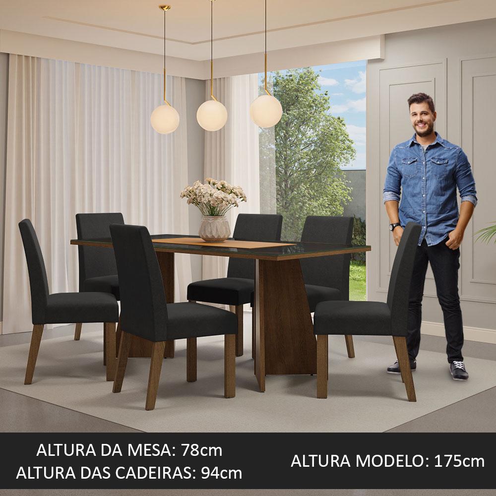 Conjunto Sala de Jantar Mesa Tampo de Vidro 6 Cadeiras Rustic/Preto/Oxford Valerie Madesa