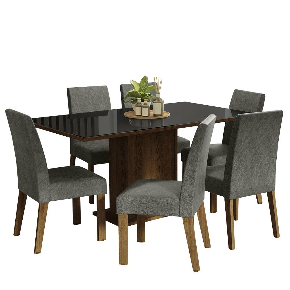 Conjunto Sala de Jantar Mesa Tampo de Vidro 6 Cadeiras Rustic/Preto/Silver Alexis Madesa