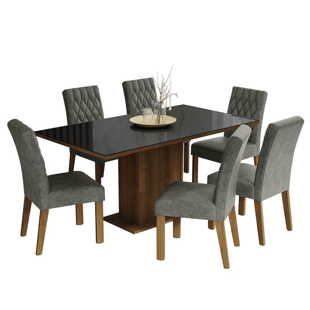 Conjunto Sala de Jantar Mesa Tampo de Vidro 6 Cadeiras Rustic/Preto/Silver Geórgia Madesa