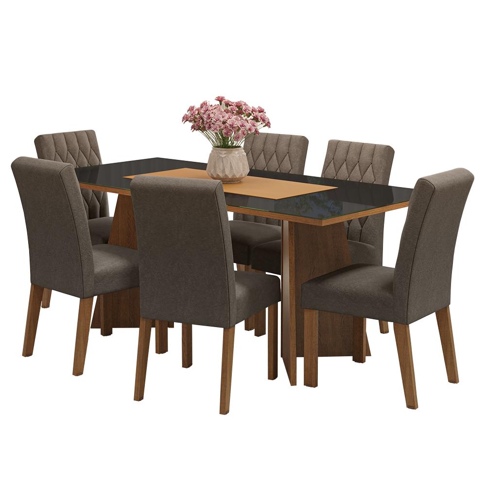 Conjunto Sala de Jantar Mesa Tampo de Vidro 6 Cadeiras Rustic/Preto/Silver Marissa Madesa