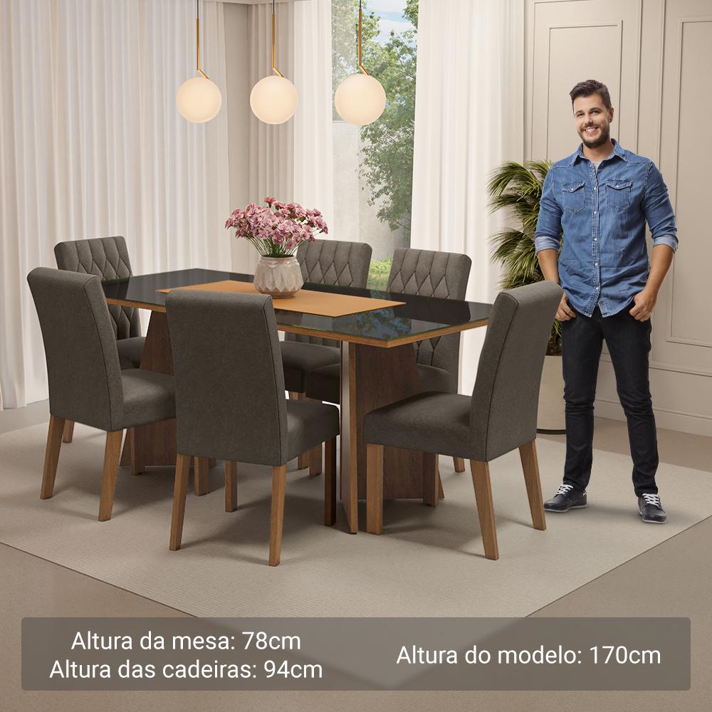 Conjunto Sala de Jantar Mesa Tampo de Vidro 6 Cadeiras Rustic/Preto/Silver Marissa Madesa