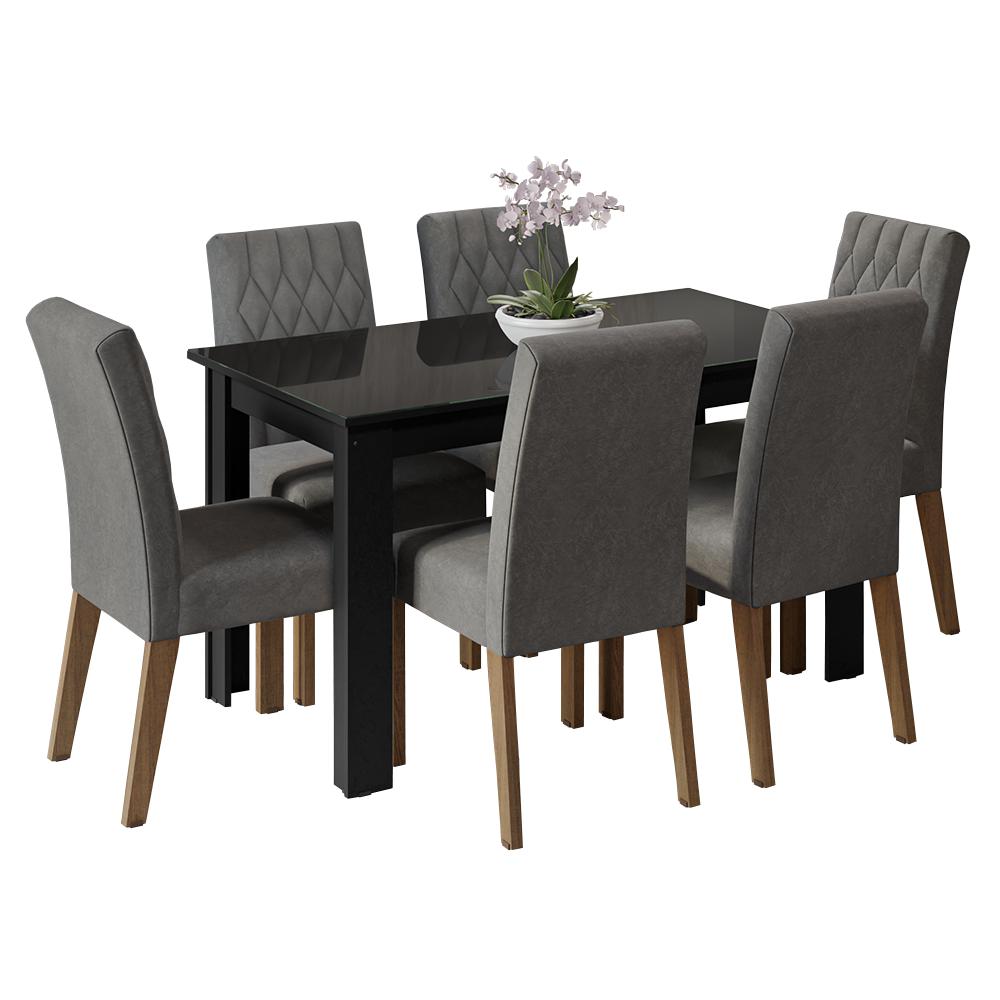 Conjunto Sala de Jantar Mesa Tampo de Vidro 6 Cadeiras Rustic/Preto/Silver Odara Madesa