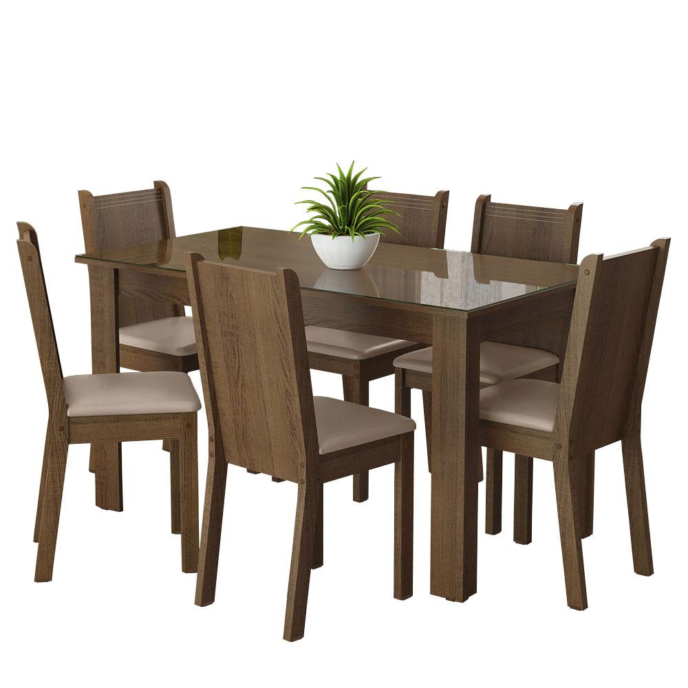 Conjunto Sala de Jantar Mesa Tampo de Vidro 6 Cadeiras Rustic/Sintético Bege Isla Madesa