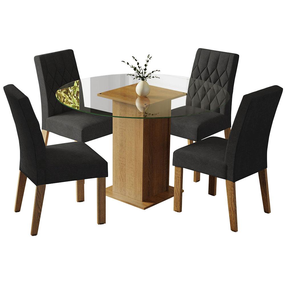 Conjunto Sala de Jantar Mesa Tampo de Vidro Redondo 4 Cadeiras Rustic/Oxford Irene Madesa