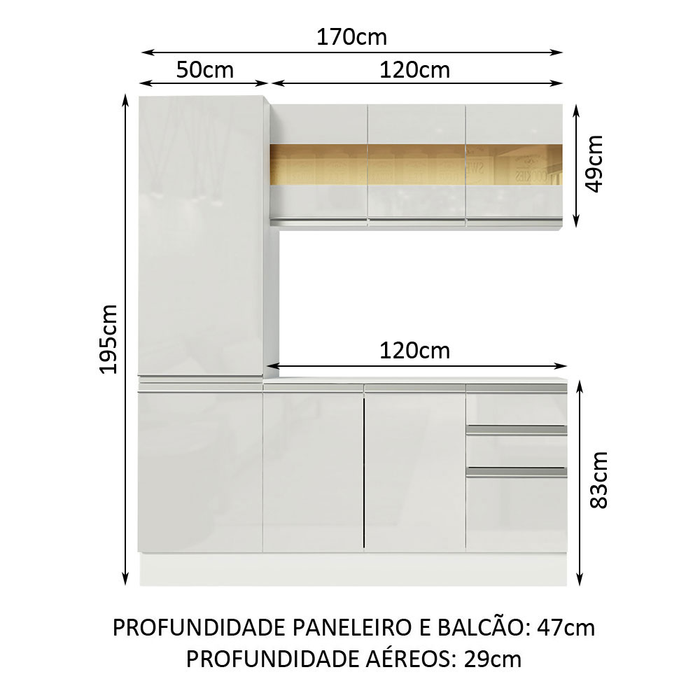 Cozinha Compacta 100% MDF Madesa Smart 170 cm Modulada Com Armário, Balcão e Tampo - Frentes Branco Brilho