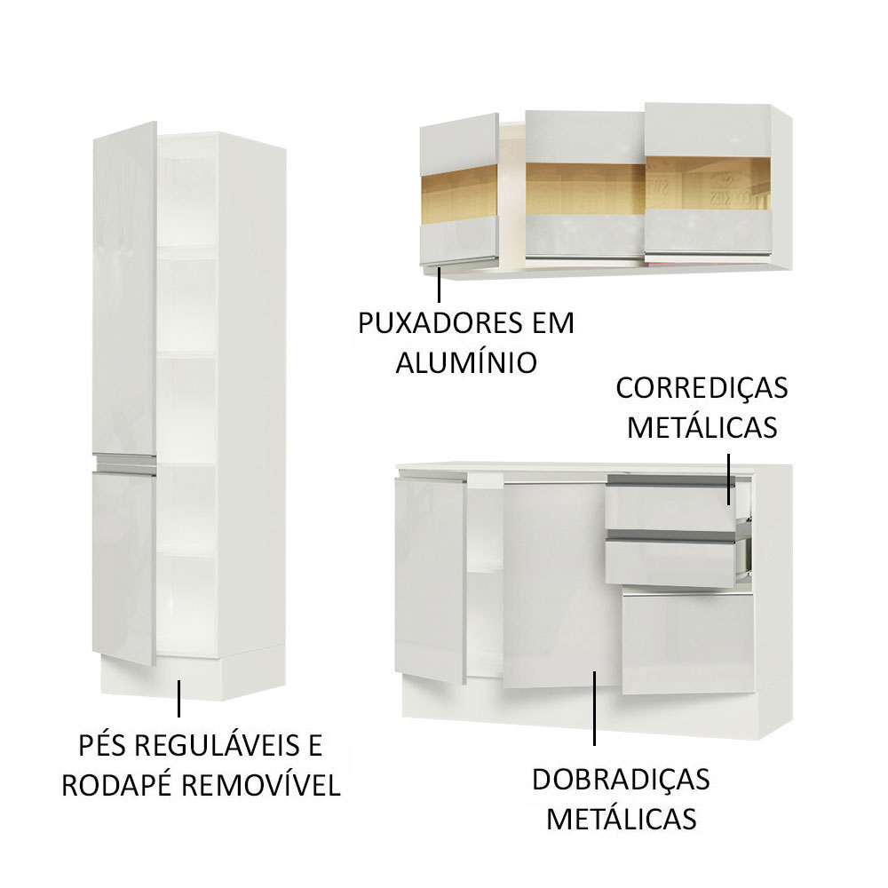 Cozinha Compacta 100% MDF Madesa Smart 170 cm Modulada Com Armário, Balcão e Tampo - Frentes Branco Brilho