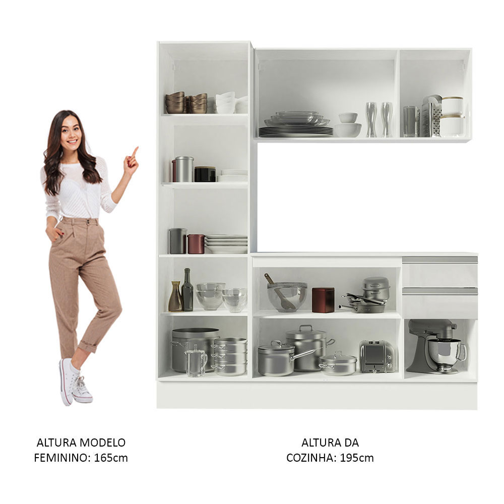 Cozinha Compacta 100% MDF Madesa Smart 170 cm Modulada Com Armário, Balcão e Tampo - Frentes Branco Brilho