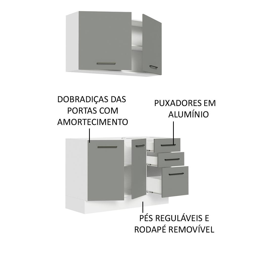 Cozinha Compacta Madesa Agata 120001 com Armário e Balcão (Sem Tampo e Pia) - Branco/Cinza