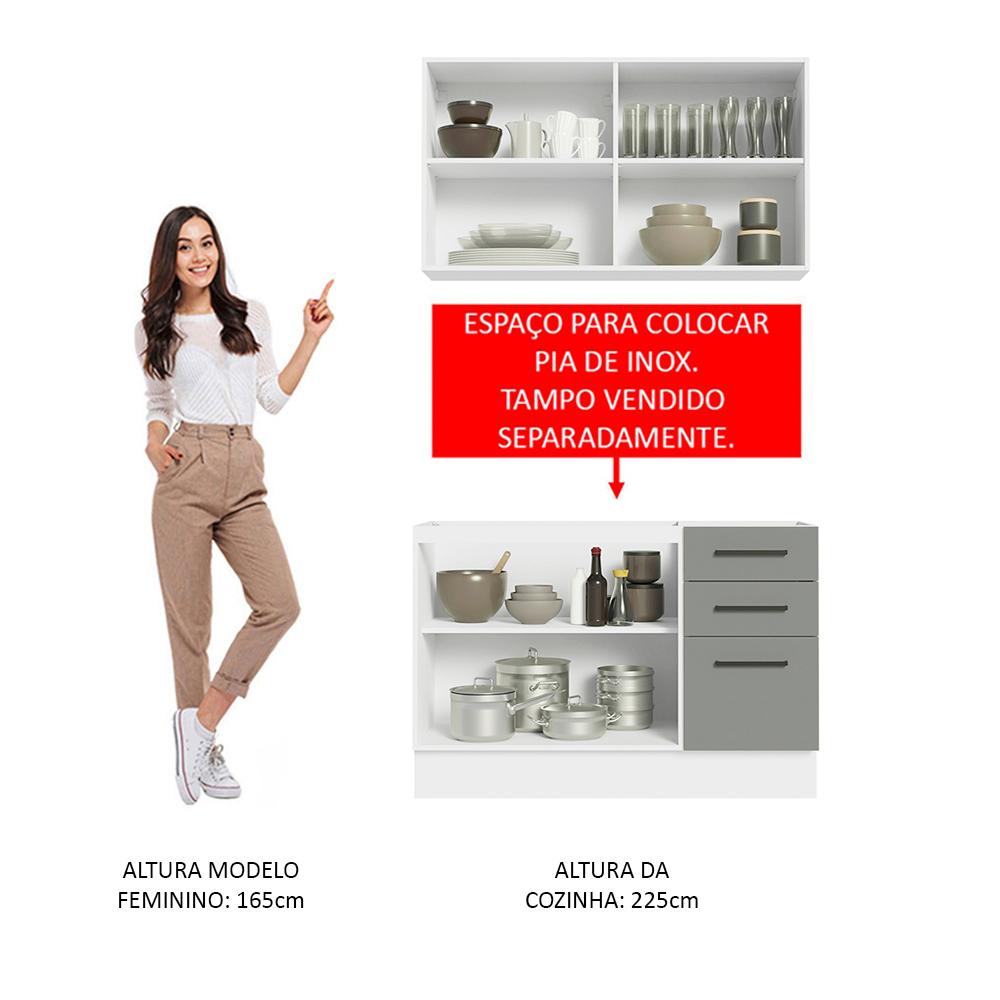 Cozinha Compacta Madesa Agata 120001 com Armário e Balcão (Sem Tampo e Pia) - Branco/Cinza