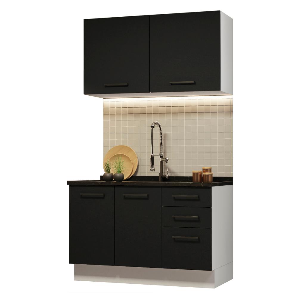 Cozinha Compacta Madesa Agata 120001 com Armário e Balcão (Sem Tampo e Pia) - Branco/Preto