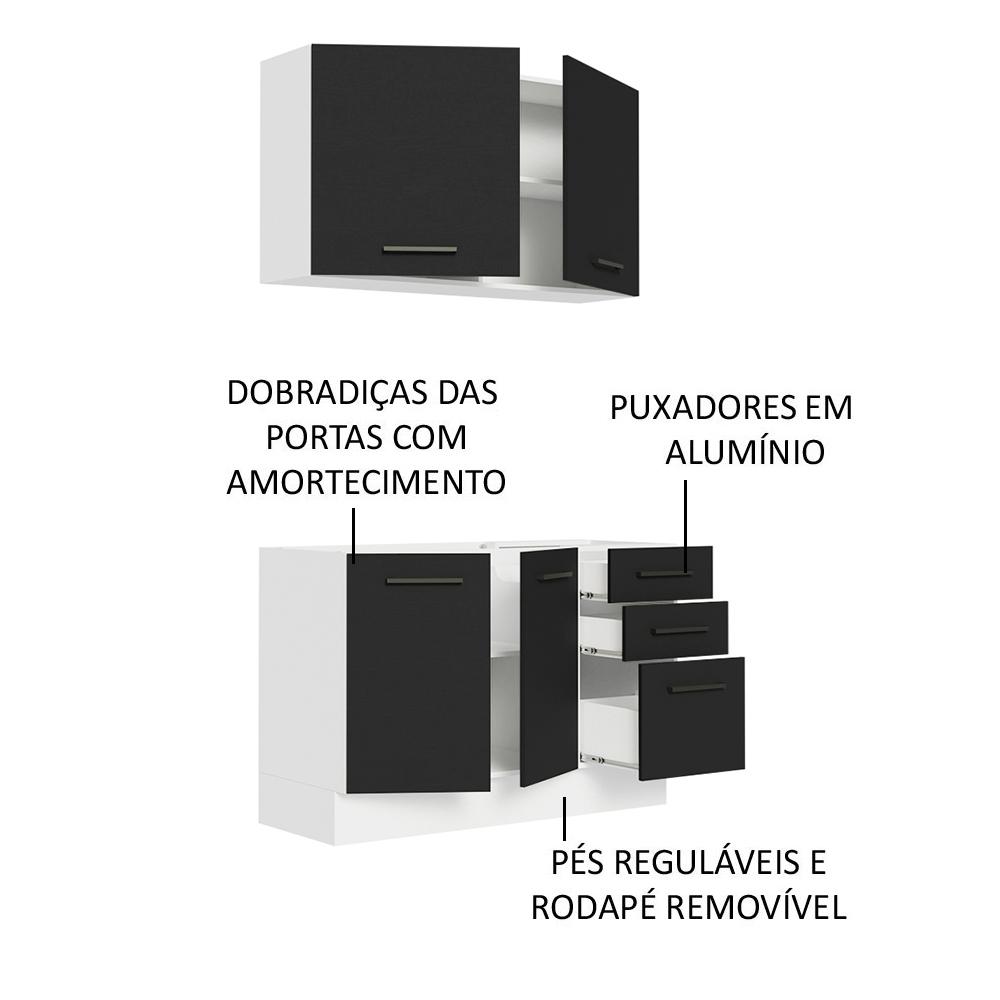 Cozinha Compacta Madesa Agata 120001 com Armário e Balcão (Sem Tampo e Pia) - Branco/Preto