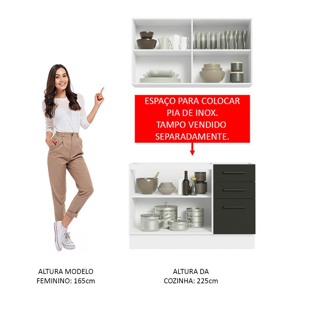 Cozinha Compacta Madesa Agata 120001 com Armário e Balcão (Sem Tampo e Pia) - Branco/Preto