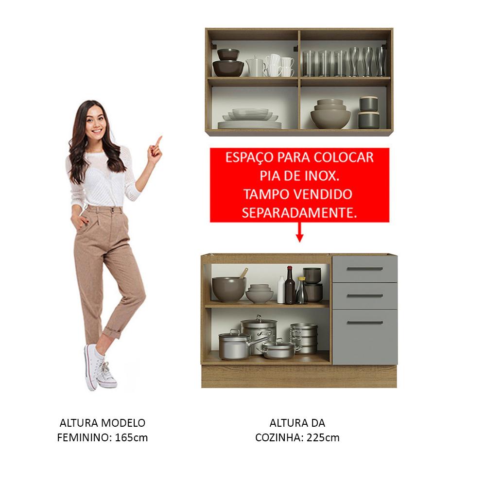 Cozinha Compacta Madesa Agata 120001 com Armário e Balcão (Sem Tampo e Pia) - Rustic/Cinza