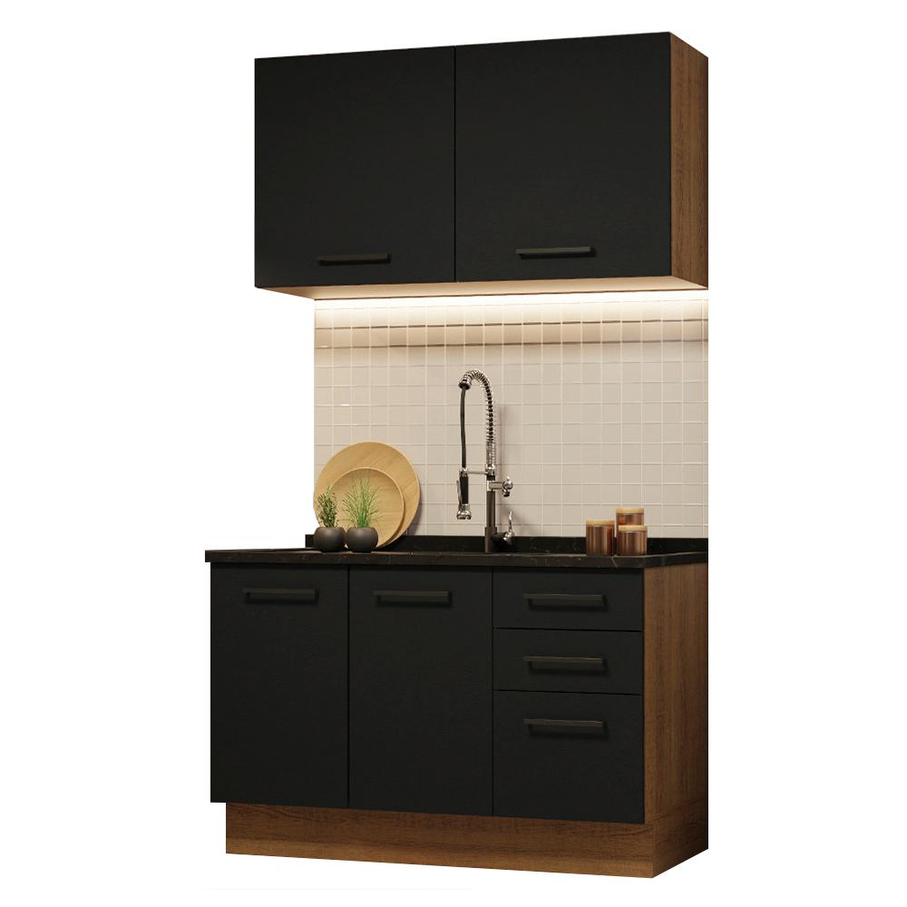 Cozinha Compacta Madesa Agata 120001 com Armário e Balcão (Sem Tampo e Pia) - Rustic/Preto