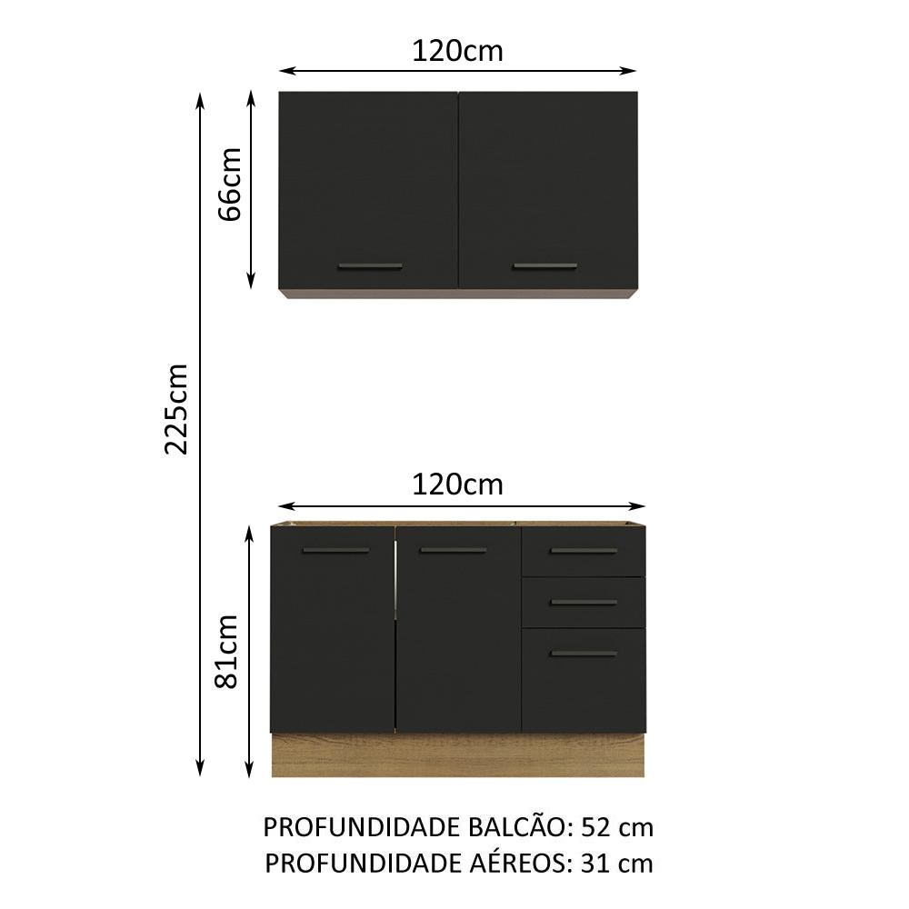 Cozinha Compacta Madesa Agata 120001 com Armário e Balcão (Sem Tampo e Pia) - Rustic/Preto