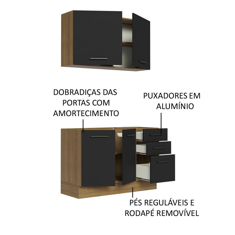 Cozinha Compacta Madesa Agata 120001 com Armário e Balcão (Sem Tampo e Pia) - Rustic/Preto