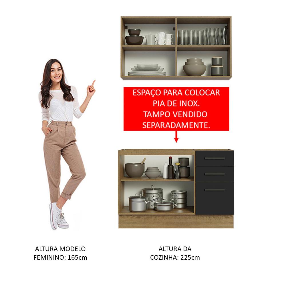 Cozinha Compacta Madesa Agata 120001 com Armário e Balcão (Sem Tampo e Pia) - Rustic/Preto