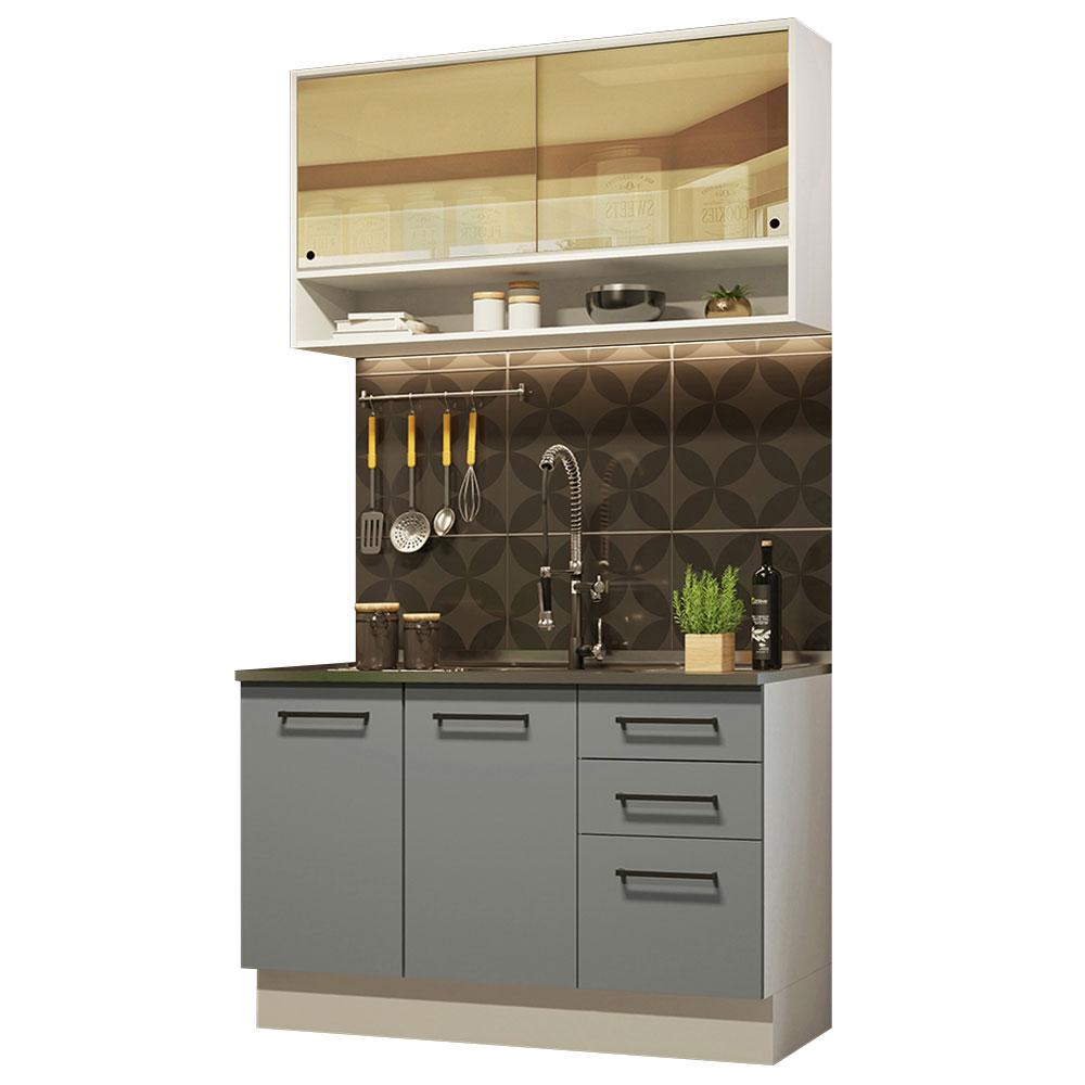 Cozinha Compacta Madesa Agata 120002 com Armário e Balcão (Sem Tampo e Pia) - Branco/Cinza