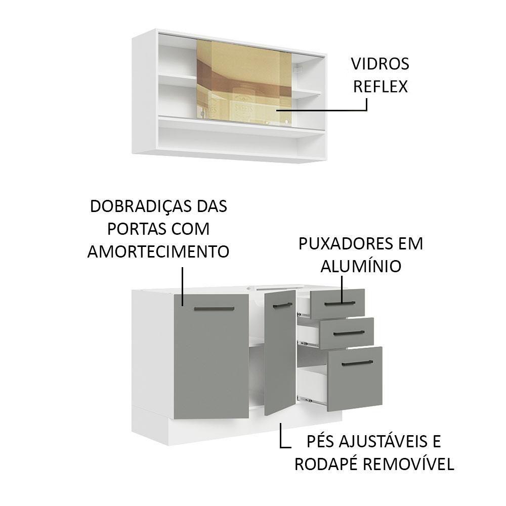 Cozinha Compacta Madesa Agata 120002 com Armário e Balcão (Sem Tampo e Pia) - Branco/Cinza