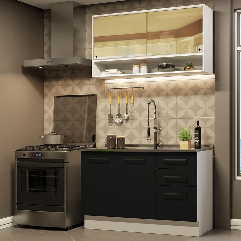 Cozinha Compacta Madesa Agata 120002 com Armário e Balcão (Sem Tampo e Pia) - Branco/Preto
