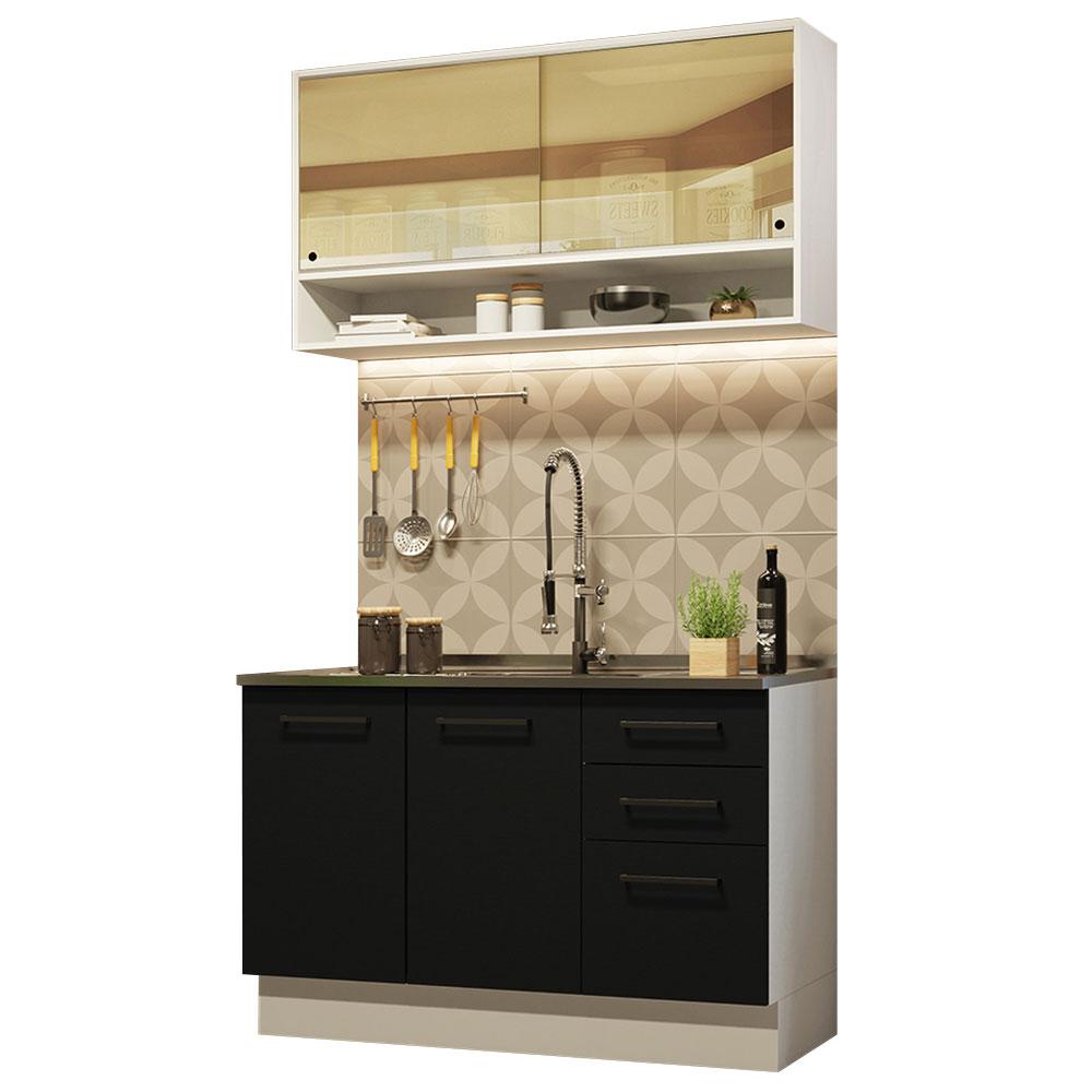 Cozinha Compacta Madesa Agata 120002 com Armário e Balcão (Sem Tampo e Pia) - Branco/Preto