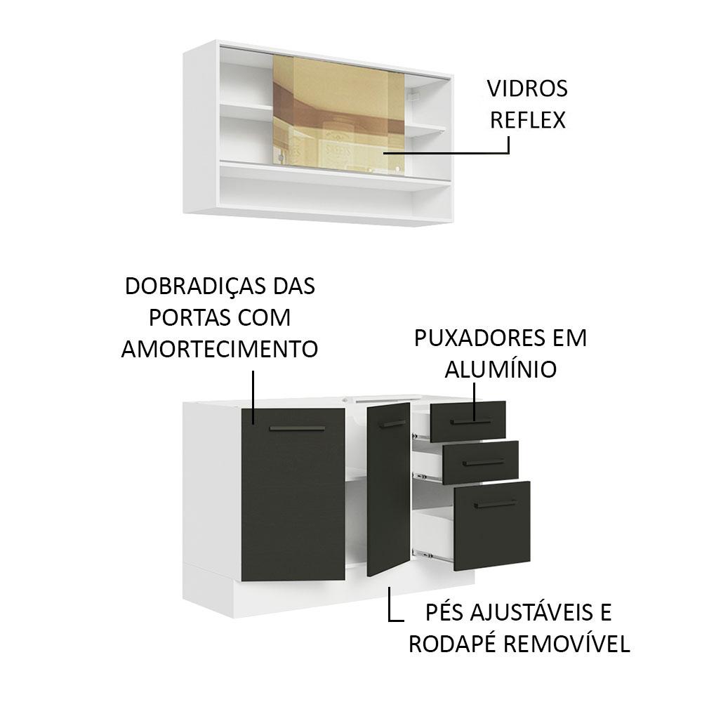 Cozinha Compacta Madesa Agata 120002 com Armário e Balcão (Sem Tampo e Pia) - Branco/Preto
